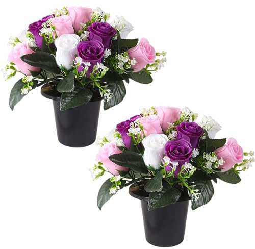 HIULLEN 2 Pcs Artificial Flowers for Graves, Artificial Grave Flowers Pots, 25cm Silk Flowers for Graves, 12 Head Memorial Cemetery Flower for Graveside Home Autumn Decor (Purple)