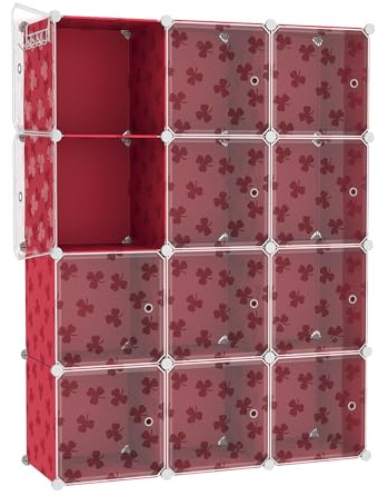 C&AHOME Würfelförmiges Aufbewahrungsregal mit Türen, 12-Würfel-Regalbretter | Schrankschrank, DIY-Modulregal aus Kunststoff, 93,5 cm L x 31,8 cm B x 122,9 cm H,Rot
