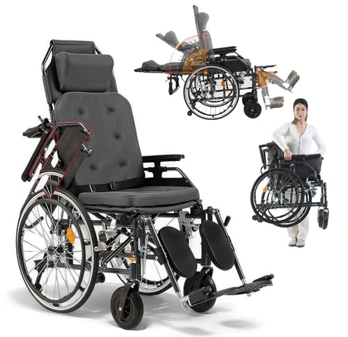 ZQHQKJ Pflegerollstuhl mit Liegefunktion, Reiserollstuhl, Klappbar Transportrollstühle für Behinderte and ältere, selbstfahrend, Belastbarkeit 150 kg, Sitzbreite 45 cm, massive Räder, Handbremsen