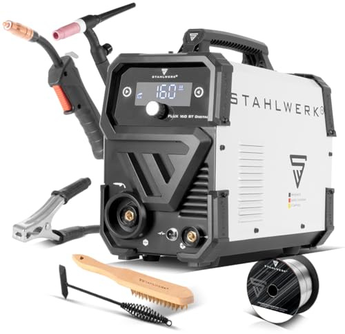 STAHLWERK Schweißgerät FLUX 160 ST Digital, Starter-Set mit 160 A und IGBT | 3-in-1 Kombi für Fülldrahtschweißen ohne Schutzgas, MMA (E-Hand/ARC), Lift-TIG (DC), synergischer Drahtvorschub und LED-Licht