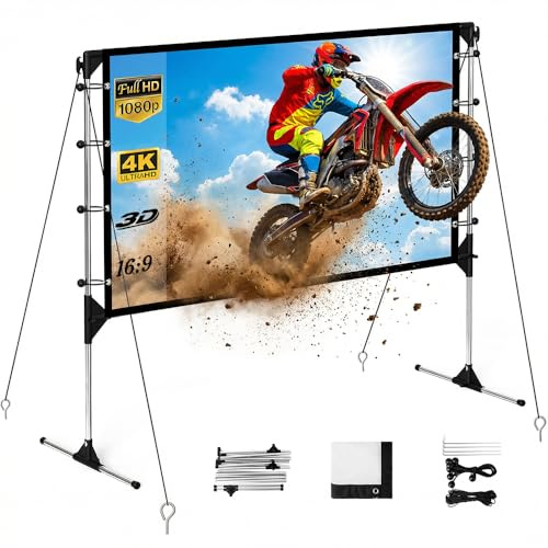 Projector Screen and Stand, Portable Projection Screen Indoor Outdoor 16:9 4K HD Wrinkle-Free Movie Screen with Carry Bag, Height Adjustable, for Home Theatre and Backyard, Camping (120 inch)