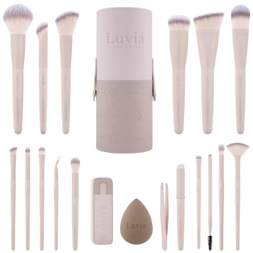 Make-up Pinselset Aura Pro | 19-teiliges Pinselset für Gesicht & Augen mit Etui, Beauty Sponge & Pinzette | Professionelle Kosmetikpinsel vegan & tierversuchsfrei | Nude 2-farbig | Luvia