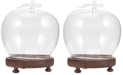 Abaodam Lot de 2 Cloches en Verre Transparentes avec Base en Bois Vintage, Dômes D’Exposition Éclairés LED pour Figurines et Objets Décoratifs, Vitrine Anti-poussière pour