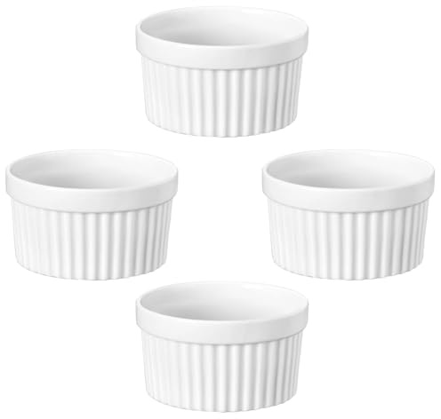Set of 4 White Fluted Traditional Porcelain Creme Brulee Ramekins, Fluted Souffle Dishes, Oven Safe, Dishwasher Safe and Air Fryer Safe, 7.5cm Diameter, 96ml Capacity for Baking, Pudding, Ice Cream