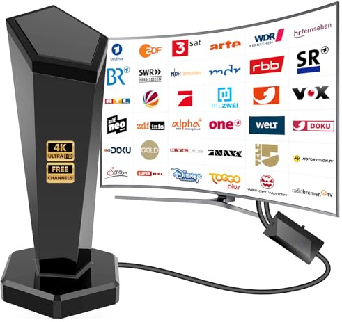 Antena DVBT/DVBT2 con amplificador, antena interior HDTV para TV, 420 km de largo alcance y recepción de 360°, con base magnética, compatible con 4K 1080P - Todos los televisores DAB/UHF/VHF