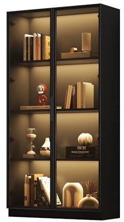 kowdom Glasvitrine Standvitrine mit App-gesteuerter LED-Beleuchtung – Vitrinenschrank 80 cm breit mit 2 Glastüren & Aluminiumrahmen, verstellbare Einlegeböden, Hochschrank Schwarz