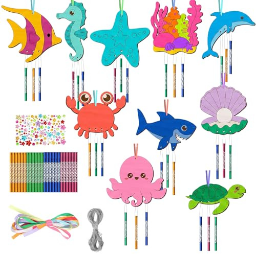 Juego de 10 carillones de viento para niños, manualidades, madera, carillones de viento para niños, mandala, juegos de manualidades de madera, decoración de jardín, creativos, para invitados, fiestas