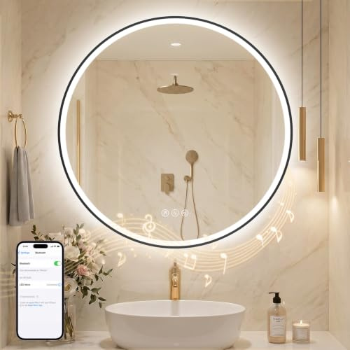 Zurehome Spiegel Rund mit Beleuchtung 70cm: Badezimmerspiegel Bluetooth Badspiegel-mit- Beleuchtung, Beschlagfrei, Touch Schalter, 3 Lichtfarben Dimmbar Bad-Spiegel-mit-Rahmen