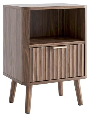 Bonnlo Mesita de Noche con Patas Madera, Mesilla de Noche 40x30x56 cm, Soporta 25 kg, Cajón Suave y Estantería Abierta, Resistente al Agua, Ideal para Dormitorios Pequeños, Color Nogal