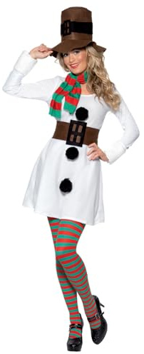 Smiffys Déguisement Femme Madame Bonhomme de Neige, Robe, Chapeau, Écharpe et Ceinture, Couleur: Blanc, 28016