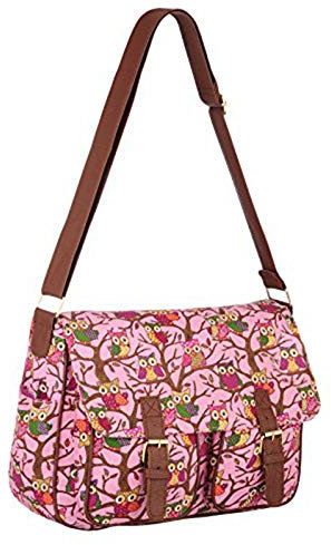 Eye Catch TM - Damen Messenger Bag College Tasche mit Eulen Muster pink