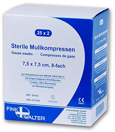 Mullkompressen steril 7.5x7.5cm, 8-fach, Packung à 25x2 Stück (50 Stück), FIWA®komp, Fink & Walter 50 Stück