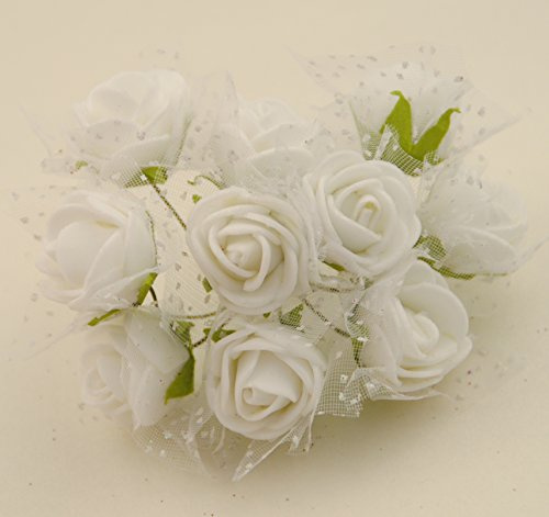C.X.Y. 100x Fiorellini Rose ROSA Foam PE Con Organza Neve Bomboniera Fai Da te decorazione (BIANCO)