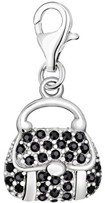 Quiges Charm Anhänger Schwarz Zirkonia 3D Handtasche 925 Silber mit Karabinerverschluss für Bettelarmband