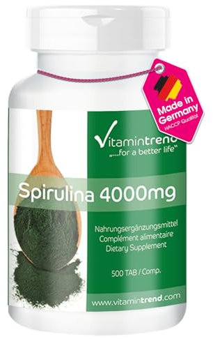 Spirulina Tabletten 500mg - 500 Tabletten - Hochdosiert mit 4.000mg je Tagesdosis – Vegan - Spirulina platensis | Vitamintrend®