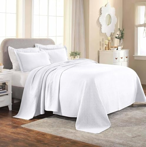 Superior Basketweave Cotton 3 Piece Bedspread Set, Home Bed Decor, Decorative Textured Bed Spread, 2 Pillow Shams, Airy Blanket, Matelasse Coverlet Bedding, Lattice Pattern, Full, White