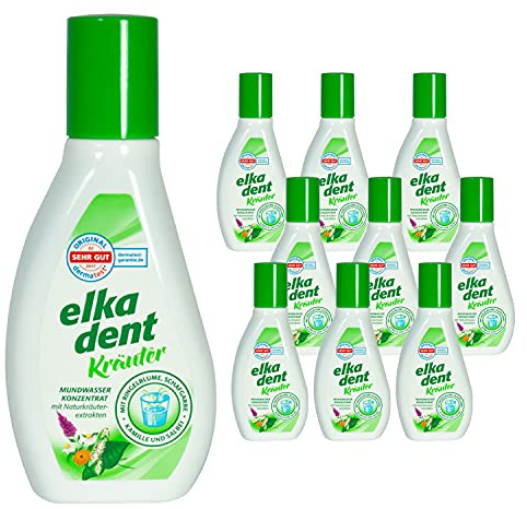 Elkadent 10x 125 ml Mundwasser Kräuter - Mundspülung für Frischen Atem | Mundhygiene Konzentrat mit Naturkräuter-Extrakten aus Kamille & Salbei - Handliches Format für Unterwegs & Reisen