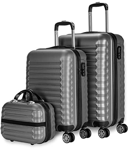 NEWTECK - Koffer und Kulturbeutel 3 Stück Grau, Mittlerer und Kleiner Koffer (53x33,5x22cm) + (63x39,5x26,8cm), ABS, steif, widerstandsfähig und langlebig, 4 Räder, bequem und leicht, Zahlenschloss