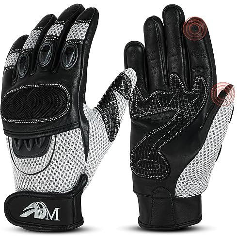 ADM Gants Moto Scooter Homme Cuir Homologués CE Tactile Logo Motard Été Hiver Doux Mi-Saison Souples Respirants Antidérapants, Réf. 9001, Blanc Taille L