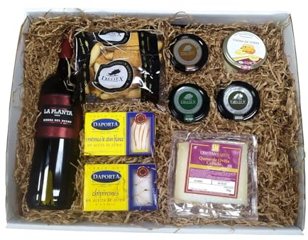 Pack Picoteo 5 - cesta gourmet con Vino tinto ribera del duero La Planta, 4 variedades de cremas de quesos, conservas de pescado gourmet y picos de pan ideal para regalos