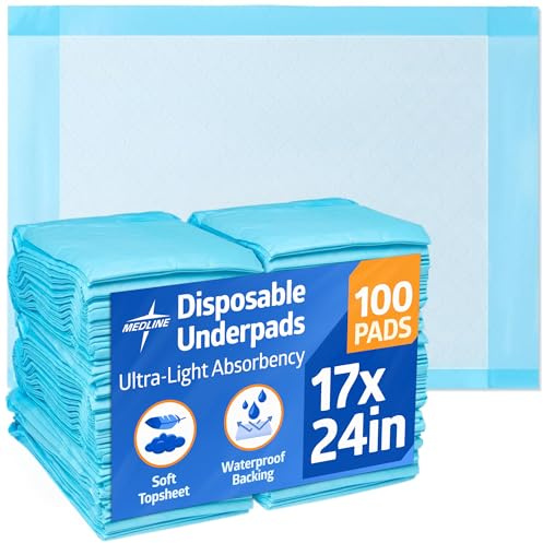 Medline Light Absorbency Underpad, 17 x 24, 100 Count, Disposable Chucks, Bed, Furniture & Surface Protection, For Kids, Adults, Elderly, Puppy Pad, Changing Pad, Incontinence Pee Pad