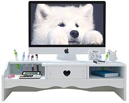 Computer Monitor Stand with Drawers-White TV Laptop Printer Stand,2-Tier Desktop Monitor Riser Shelf,Storage Organiser for Office Supply