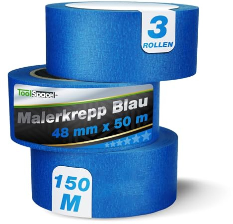 ToolSpace Blått papper skyddsband för målning av väggar och tak renoveringsarbeten lim inga lösningsmedel inget läckage 48 mm/50 m set med 3 stycken 150 m
