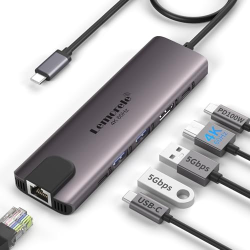 Lemorele Hub USB C HDMI 4K @60Hz Ethernet Gigabit - Alluminio Dock Usbc Hub con 2 USB 3.0, PD 100W, USB-C 3.0, 1000M Rj45 Lan Monitor 4k 60Hz Adattatore USB C Hub Macbook Surface Windows Android Mac