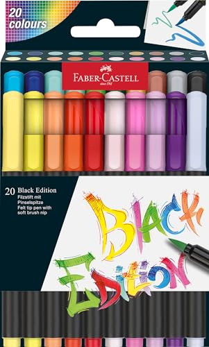 Faber-Castell 116452 Black Edition Set de 20 Feutres Coloriage Adultes, Feutre Aquarelle pour Coloriage et Écriture en Couleurs Vibrantes, Feutre a Eau Lavable sur la Plupart des Tissus