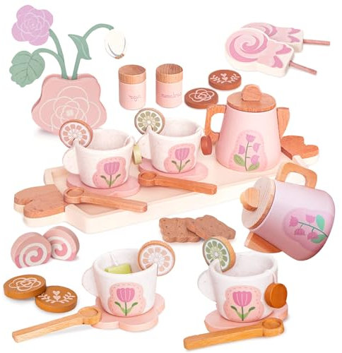 Smartwo Teeservice Holz Kinderküche, Tee Set für Spielküche, Küchenzubehör Holzspielzeug, Teeparty Rollenspiele Geschirr, Geschenk für Mädchen Kleinkinder ab 3 Jahre, Rosa, 23 Teilig