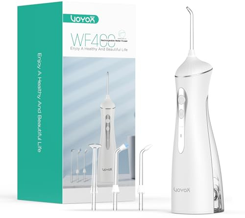 VOYOR-HEALTH Munddusche Kabellos, Elektrisch Zahnzwischenraumreiniger 3 Modi & 4 Düsen, Tragbare Zahndusche Wiederaufladbare IPX7 Wasserdicht Waterflosser für Reisen Hause Zahnreinigung WF400 (Weiß)