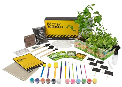 DIYBS Anzucht-Set für Kinder | Komplettes Garten-Set mit Teeblumen-Samen, Holzwerkzeug, Erde, Farben & Anzuchtbox zum Bemalen | Kreative Geschenk-Idee für Jungen & Mädchen | Pflanzen-Set