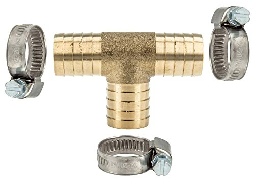 tecuro Schlauchverbinder T-Stück 1 Zoll (25 mm), MS-blank, mit 3 x Schlauchschellen W4 20-32 mm