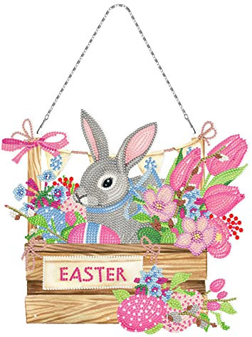 NSXIN 5D Diamond Painting Ostern Deko, DIY Diamant Malerei Bilder Kit Ostern Türkranz mit LED Licht, Handwerk Applique Mosaik Hase Ostereier Ornamente Geschenk (Typ 03)