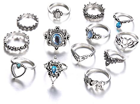 LEEQBCR 13 Pcs Crystal Boho Rings Set Silver Rings Set Finger Rings Fashion Crown Rings for Women and Girls