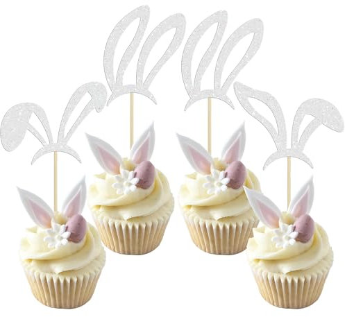 Ephlyn 24Pcs Happy Easter Cupcake Toppers Glitter Easter Bunny Ear Cupcake Pick Decorations for Easter Spring Theme Baby Shower Kids Birthday Party Supplies Silver