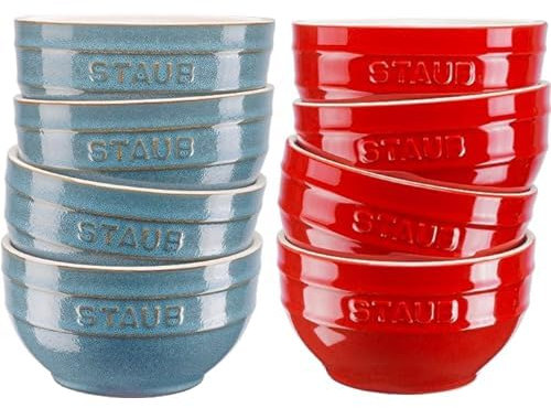 Lot de STAUB Ceramique 4 bols en céramique, Turquoise antique + 4 bols en céramique, Rouge cerise, 12 cm, 400 ml