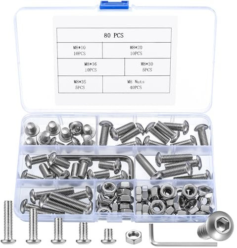 Kit di 80 Bulloni e Dadi M8 Viti, Viti a Brugola in Acciaio Inox, Bulloni e Dadi Set con Testa Esagonale