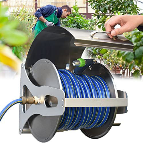 YEHOZZ Stainless Steel Metal Water Hose Reel for 2-40M Hose, Wall/Floor Mount, 180 Deg Swivel, Any Length Lock, Outdoor Garden Hose Storage Rack Load 100kg,Rack+2mHose