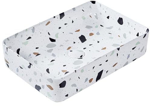 Lavabo Rectangulaire en Céramique 61 x 35 cm Salle de Bain Effet Terrazzo Blanc Nules
