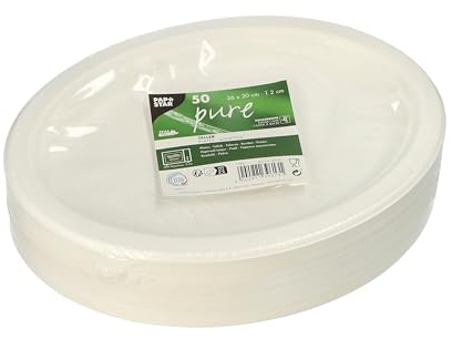 50 platos de caña de azúcar pure, ovalados, 26 cm x 20 cm x 2 cm, color blanco