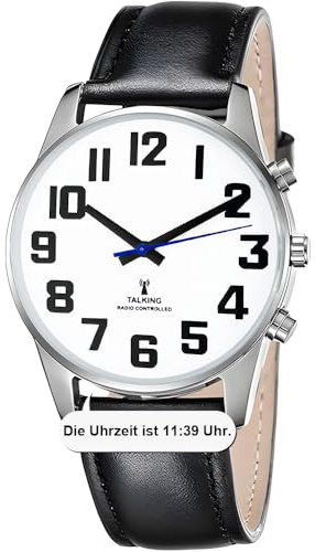 MAUJOY Sprechende Uhr Sehbehinderte Funkuhr I Deutsch Sprechende Herren Armbanduhr I Blindenuhr I Datum und Zeitansage I Für Blinde, Senioren und Demenzkranke