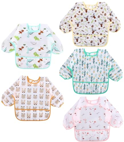 TIDEVAN Baby Lätzchen mit Lange Ärmeln mit Großer Tasche,5 Pack Wasserdicht Kinder Lätzchen Baby Bibs Set für Kleinkinder Babylätzchen mit Ärmeln für 6-36 Monate Kinder für Essen Basteln Malen Kunst