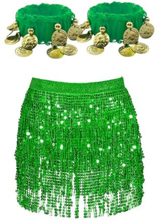 CVFRTT 1 Magdans Kjol Och 1 Par Magdansarmband, Dansföreställningskläder, Belly Dance-Kostym, Kjol Med Paljetterfransar, Grön, M