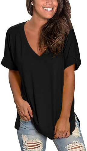 Voqeen Oversized T-Shirts for Women Tops Short Sleeve V Neck Basic Summer Tee Tops Ladies Solid Casual Loose Shirts Black