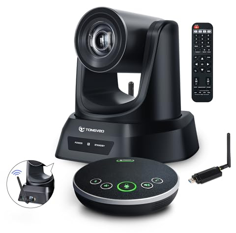 TONGVEO 5.8GHz Wireless Conference Room Camera System with Bluetooth Microphone,20X 60fps PTZ Camera for Worship Online Conference, Works with Zoom, Skype OBS Easy to Set Up