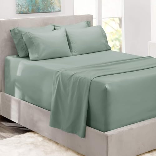 Hearth & Harbor Bed Sheets, Luxury Soft 6 Piece Bed Sheet Set Extra Deep Pocket Fitted Sheets Fits Mattress up to 21, Double Brushed Bedding Sheets & Pillowcases, Queen, Ice Green