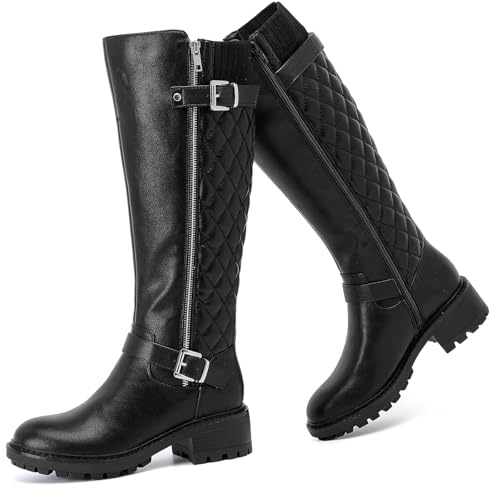 Ruiee Knee High Boots for Women Wide Calf Riding Flat Boot Stitching Low Heeled Long Tall Winter Fall Fashion Dressy Womens Knee-High Boots. 241267 Black PU Size8.5