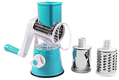 Rallador de tambor de mano pequeño, rallador giratorio de queso, cortador de verduras, rallador giratorio 3 en 1 con 3 tambores intercambiables, base de succión fuerte, trituradora que ahorra mano de