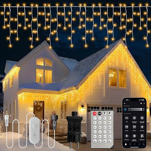 Gliztech Luci a Aascata per Esterno Natalizie, Luci Natale da Esterno Impermeabili IP44, Luci Balcone Natale da Interno, per Balconi, Feste, Ringhiere, Tenda, Giardino (Bianco Caldo, 10M)